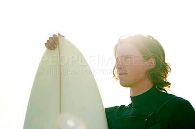 Buy stock photo Beach, surfboard and man with vacation, thinking and space with tourism, break and hobby. Contemplation, extreme sports and person with recreation, holiday and nature with fitness, calm and Miami
