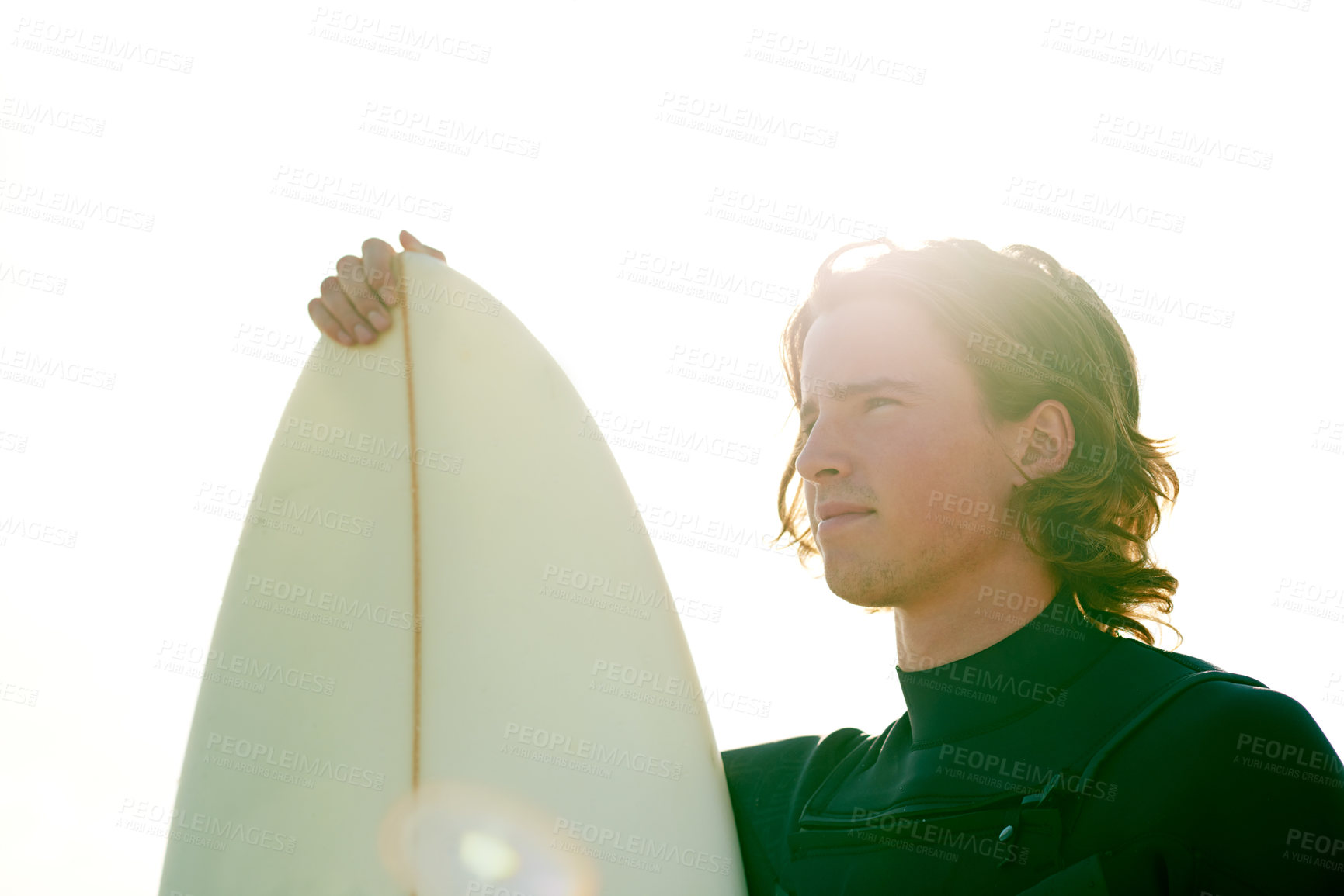 Buy stock photo Beach, surfboard and man with vacation, thinking and space with tourism, break and hobby. Contemplation, extreme sports and person with recreation, holiday and nature with fitness, calm and Miami