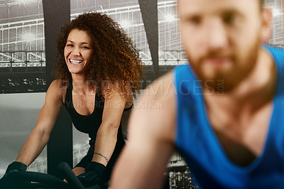 Buy stock photo Laugh, spin class or happy woman on cycling bike in training and exercise for wellness, health or fitness. Funny, smile or person on bicycle machine for workout, body or challenge in gym community