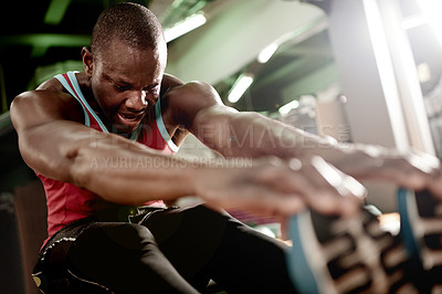 Buy stock photo Black man, stretching and intense workout in gym with sweating, fitness and prepare muscle for exercise. Endurance, training and male person in sports center for challenge, flexibility and health