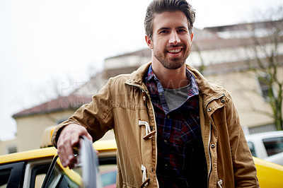 Buy stock photo Smile, travel and portrait of man in taxi for destination, transportation and parking in city. Happiness, car and passenger or person and cab vehicle outdoor for location, drive and commute arrival
