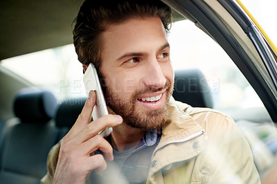 Buy stock photo Passenger, man and travel in car with phone call for morning commute, ride share or meeting schedule in city. Happy, person or talking to contact in vehicle backseat for journey direction or cab trip