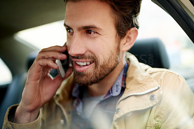 Buy stock photo Happy, phone call and man in car in city for morning commute, journey and travel to work. Transport, ride service and person on smartphone for online conversation, chat and talking for communication