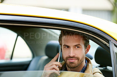 Buy stock photo Phone call, car and man in city, travel and morning commute with communication, contact and chatting. Person, vehicle and traveller with cellphone, mobile user and discussion with app or conversation