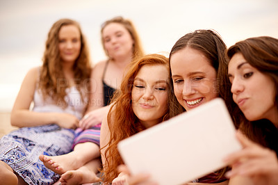 Buy stock photo Girl, friends and selfie outdoor with happiness for bonding, social media photo or memory. Tablet, people and group picture with vacation or weekend break together, love or connection in nature