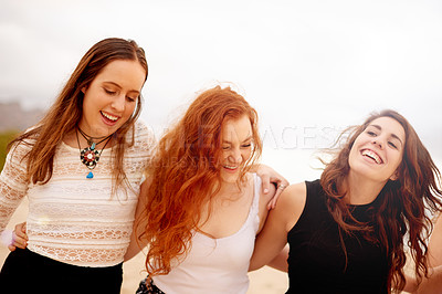 Buy stock photo Happy, friends and women on vacation, beach or travel with group in nature, reunion or hug on break. Outdoor, friendship and people on summer holiday, space and bonding on weekend, getaway and trip