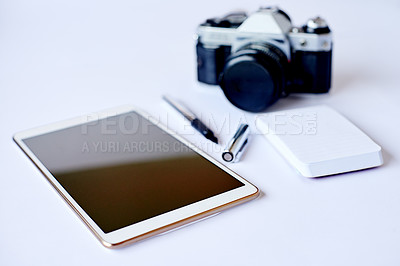 Buy stock photo Flat lay, tablet screen and creative tools for photography with pen, notepad and vintage camera. Digital technology, business and work equipment on desk in empty office for content creation on table