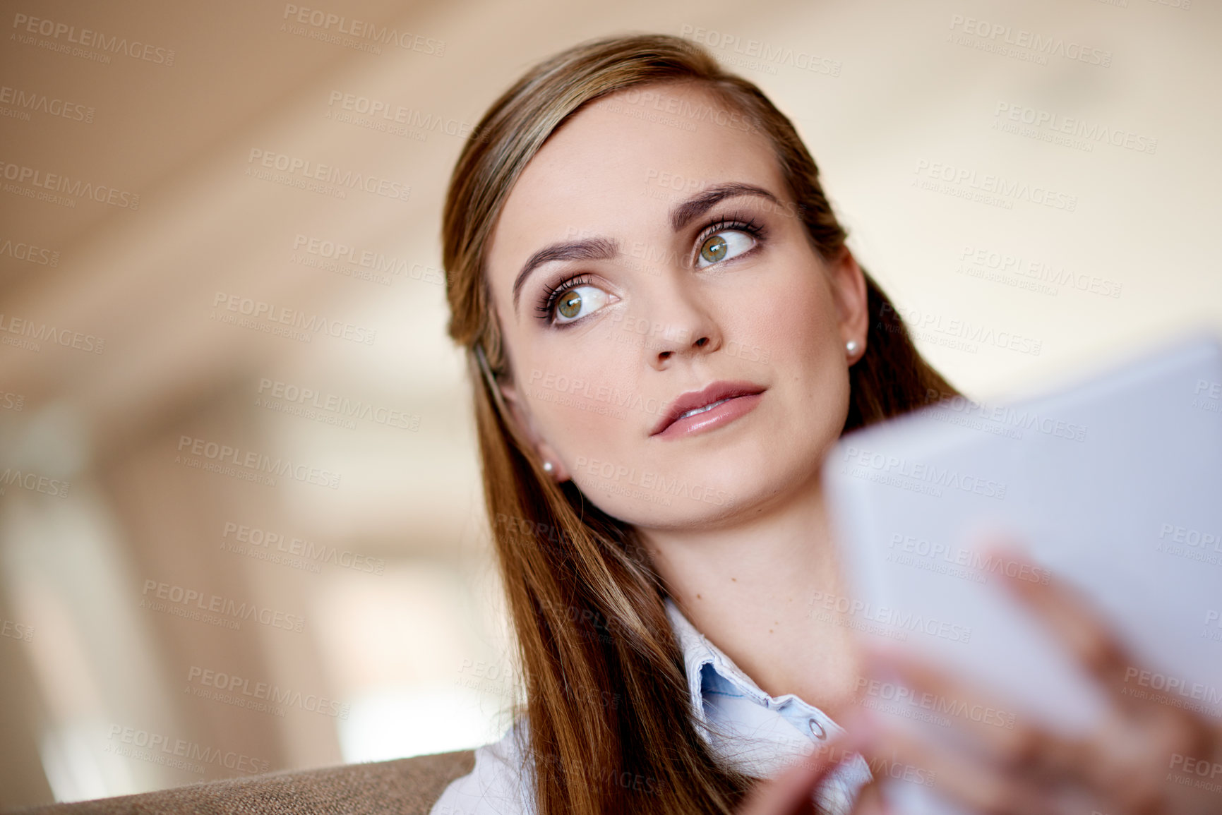 Buy stock photo Woman, tablet and thinking on sofa with social media, connectivity or planning in home. Girl, student and tech in living room on study break, blog update or idea for creative writing assignment