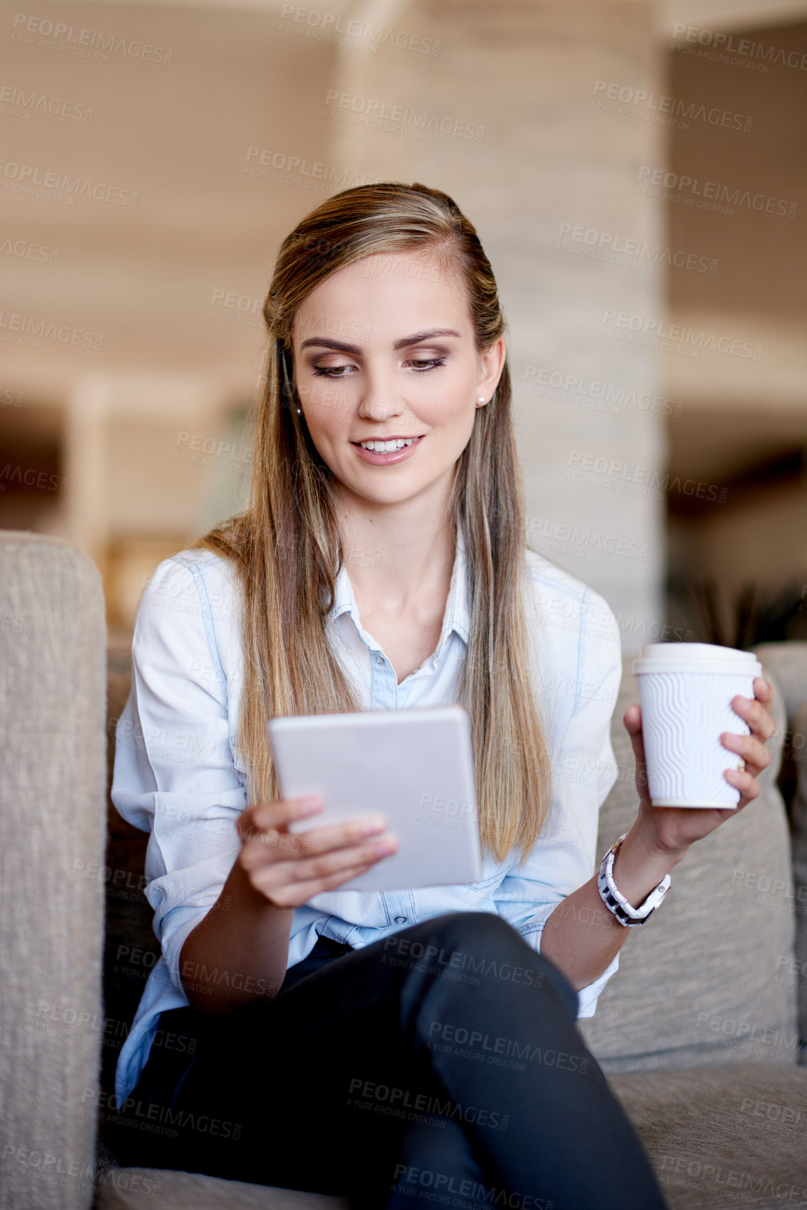 Buy stock photo Woman, tablet and browse on sofa with social media, coffee or planning in home. Girl, student and warm beverage in living room on study break, blog update or idea for creative writing assignment