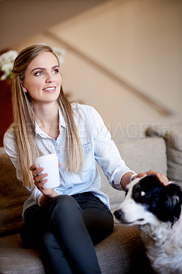 Buy stock photo Dog, thinking and woman on sofa in living room of home for animal adoption, bonding or trust. Happy, relax or vision with foster pet and owner in apartment together for companionship or loyalty