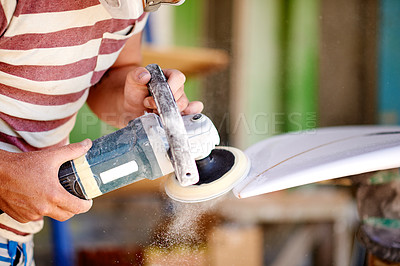 Buy stock photo Manufacturing, hands and sanding surfboard in workshop for production process, design and shape. Surf, factory and  person with electric tools to grind foam, polish and creative craftsmanship