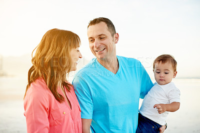 Buy stock photo Happy, baby or parents with walking at beach for travel adventure, holiday break or support. Family trip, bonding and people with stroll on seashore for vacation getaway, fresh air and relationship