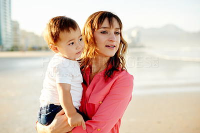 Buy stock photo Love, family and mother with child at beach for bonding, relationship and relax in nature. Ocean, travel and parent with boy for holiday, vacation and weekend for support and adventure on trip