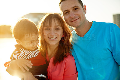 Buy stock photo Portrait, beach and parents with smile, boy and bonding together with summer holiday. Ocean, family and mother with father, child or happiness with vacation, travel or nature with adventure in Miami