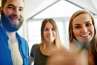 Buy stock photo Team, planning and business people writing for meeting, research and project schedule in office. Creative startup, collaboration and happy workers for task agenda, strategy and brainstorming ideas