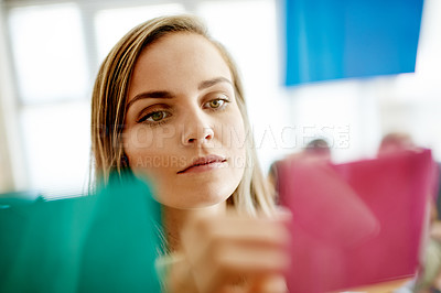 Buy stock photo Writing, glass or businesswoman on sticky note for planning, organizing or brainstorming for campaign. Creative, project management or person in office with schedule, idea and startup timeline.