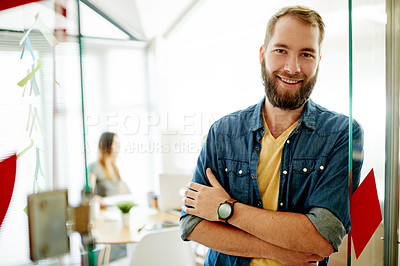 Buy stock photo Portrait, smile and man in office with arms crossed, about us and pride in startup. Happiness, success and entrepreneur in workplace with confidence, career growth and owner of small business.