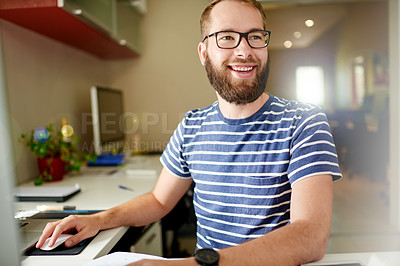 Buy stock photo Laptop, smile and thinking with man in home office for remote work or small business startup. Computer, idea and inspiration with freelance employee at desk in apartment for planning or research