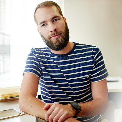 Buy stock photo Creative, portrait and small business with graphic designer man in office for concept development. Confident, design and tablet with professional illustrator at workplace desk for technical startup