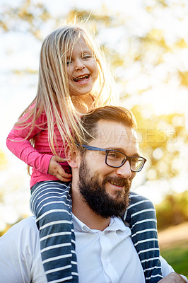 Buy stock photo Happy, father and toddler on shoulder at park for travel, playful fun and bonding together on holiday. Smile, man and carry child with love, balance support and vacation with games to explore nature