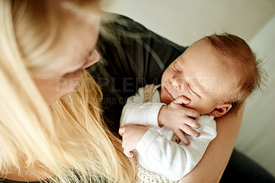 Buy stock photo Mother, sleeping newborn and above in home, bonding and affection with nap and love for family. Calm, peace and baby asleep in arms of mom, development and safety with woman for motherhood at house