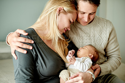 Buy stock photo Sleeping, baby and parents with smile, home and people with newborn in nursery, safety or childcare. Man, embrace and woman with tired infant, nap and relax with girl, family and together in house