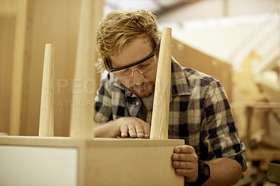 Buy stock photo Woodwork, furniture and man in workshop for sanding, manufacturing and timber production. Carpenter, craftsmanship and carpentry with repair for small business, lumber and renovation or restoration