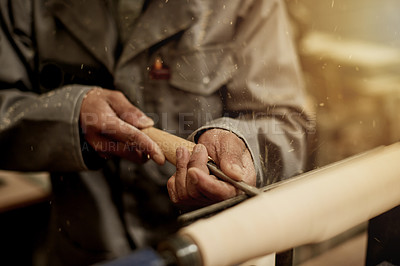 Buy stock photo Hands, woodwork and man with tool, manufacturing and talent with craft, deadline and skills. Closeup, person and employee in warehouse, equipment and carpenter with furniture industry and lumber