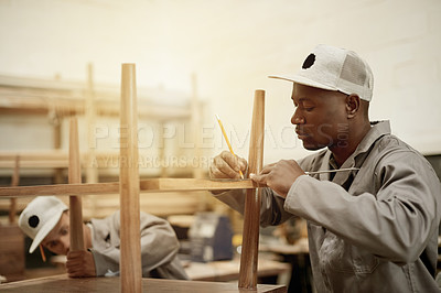 Buy stock photo Carpenter, man and furniture measurement with team for production, manufacturing or design. Carpentry, pencil and ruler for woodwork, repair and mark joinery points in industrial workshop with tools