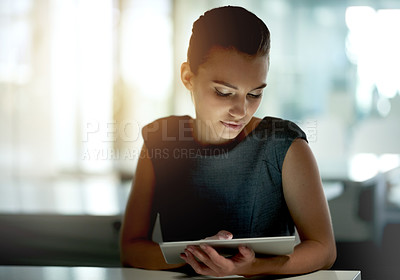 Buy stock photo Business, tablet or woman in office for real estate review, research or listing services. Email, blog update or news on housing project app to check on apartment info, online post or property ads