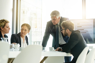 Buy stock photo Presentation, business people or group proposal with manager for finance data, trading or coaching. Meeting, office or team discussion with presenter for stock market, investment analysis or training