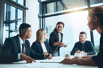 Buy stock photo Business people, meeting and discussion with report in office for paperwork, analysis or project. Accounting, employees and smile with document for brainstorming, planning or proposal for feedback