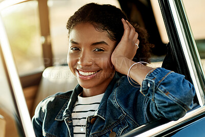 Buy stock photo Travel, woman and happy in car with portrait for road trip, weekend adventure or getaway break. Confidence, person and holiday journey in vehicle for summer vacation, exploring or transport insurance