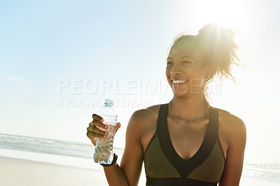 Buy stock photo Beach, fitness and happy woman with water bottle for health, wellness and flare. Hydration, smile and thirsty runner at sea with liquid for nutrition, sports and thinking of exercise with space