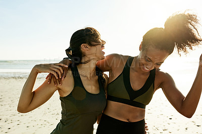 Buy stock photo Runner, hug and laugh with friends at beach for support, fitness and workout partner. Exercise team, funny and wellness with women outdoor for bonding, marathon training and athlete challenge