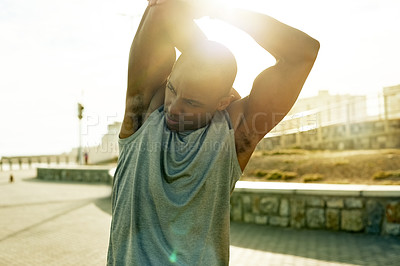 Buy stock photo Workout, black man and stretching arms in city for muscle fitness, start running and performance. Flare, morning and athlete with warm up outdoor for training preparation or ready for sports marathon