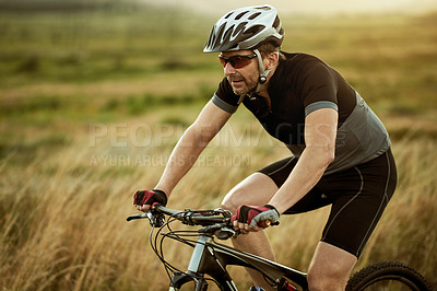 Buy stock photo Training, man and fitness with bicycle, nature and cycling for sport tournament, active or exercise. Outdoor, athlete and eco friendly transport for zero emissions, safety and person with helmet