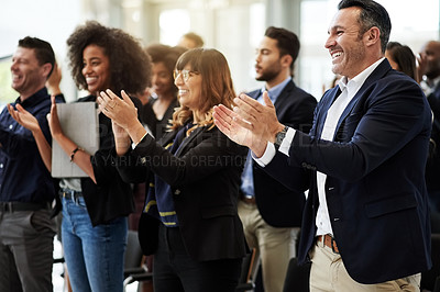 Buy stock photo Praise, smile or businessman clapping in conference for success, team or corporate project. Happy people, development and applause of audience in convention for event, goals or winning achievement