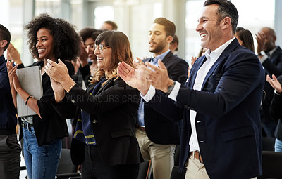 Buy stock photo Success, conference or applause of happy people in office for praise or corporate project. Investors, development target and audience clapping in convention for event, goals and winning achievement