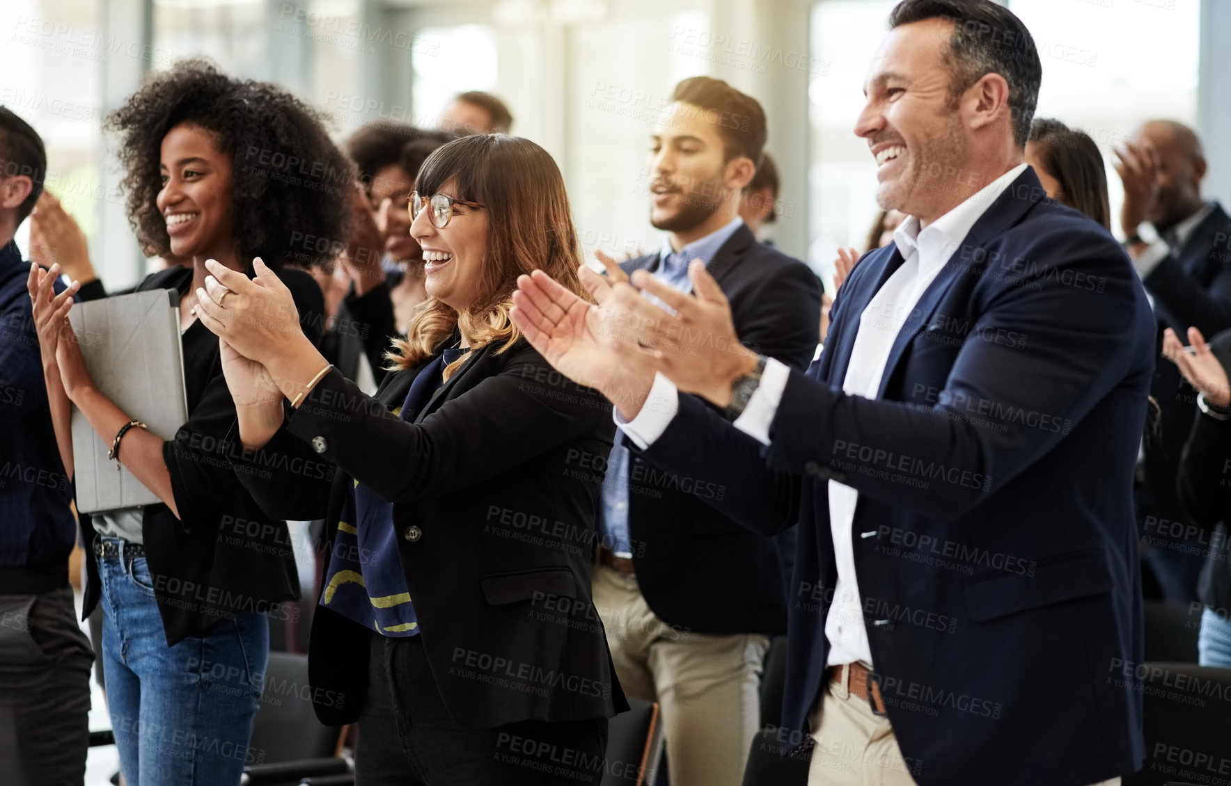 Buy stock photo Success, conference or applause of happy people in office for praise or corporate project. Investors, development target and audience clapping in convention for event, goals and winning achievement