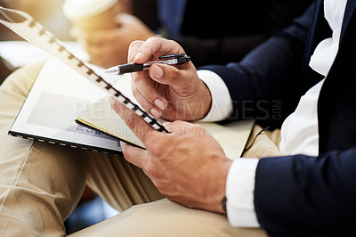 Buy stock photo Hands, person and reading document in meeting for schedule update, conference agenda and proposal. Man, audience and paperwork for business training, seminar presentation and information at workshop