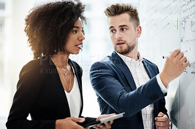 Buy stock photo Whiteboard, tablet and business people in discussion for planning, finance proposal and feedback. Office, collaboration and man with woman writing for financial review, revenue insight and budget