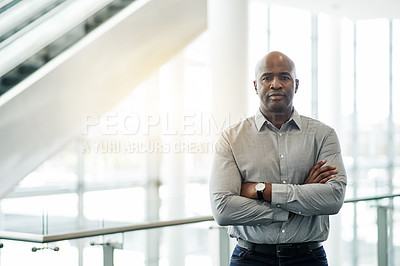 Buy stock photo Arms crossed, business and portrait of black man in lobby of convention center for event or seminar. Expo, symposium and tradeshow with mature employee at conference for development or workshop