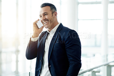 Buy stock photo Phone call, happy and businessman in office with communication, contact or finance networking. Smile, cellphone and male financial manager on mobile discussion for investment negotiation in workplace