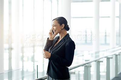 Buy stock photo Phone call, smile and thinking with business woman in foyer for feedback, negotiation or update. Communication, conversation and symposium with happy employee in lobby for event or project management