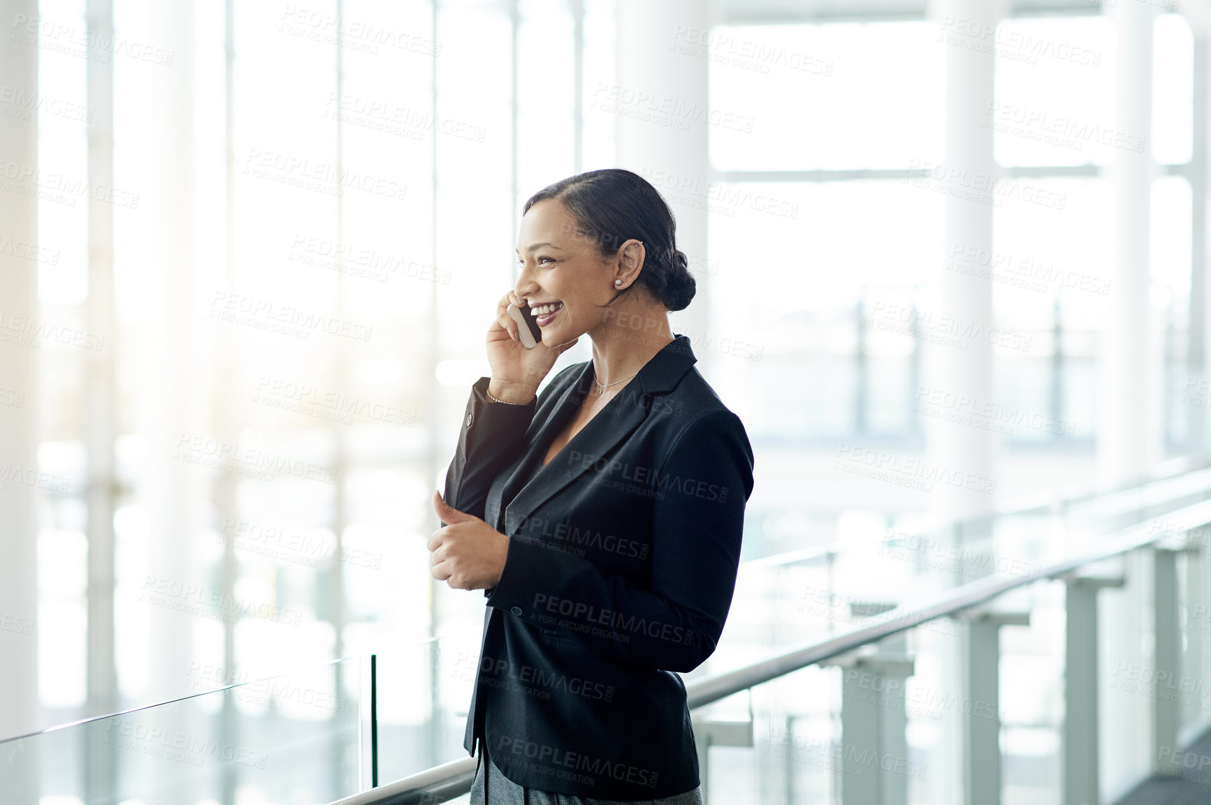 Buy stock photo Phone call, smile and thinking with business woman in foyer for feedback, negotiation or update. Communication, conversation and symposium with happy employee in lobby for event or project management