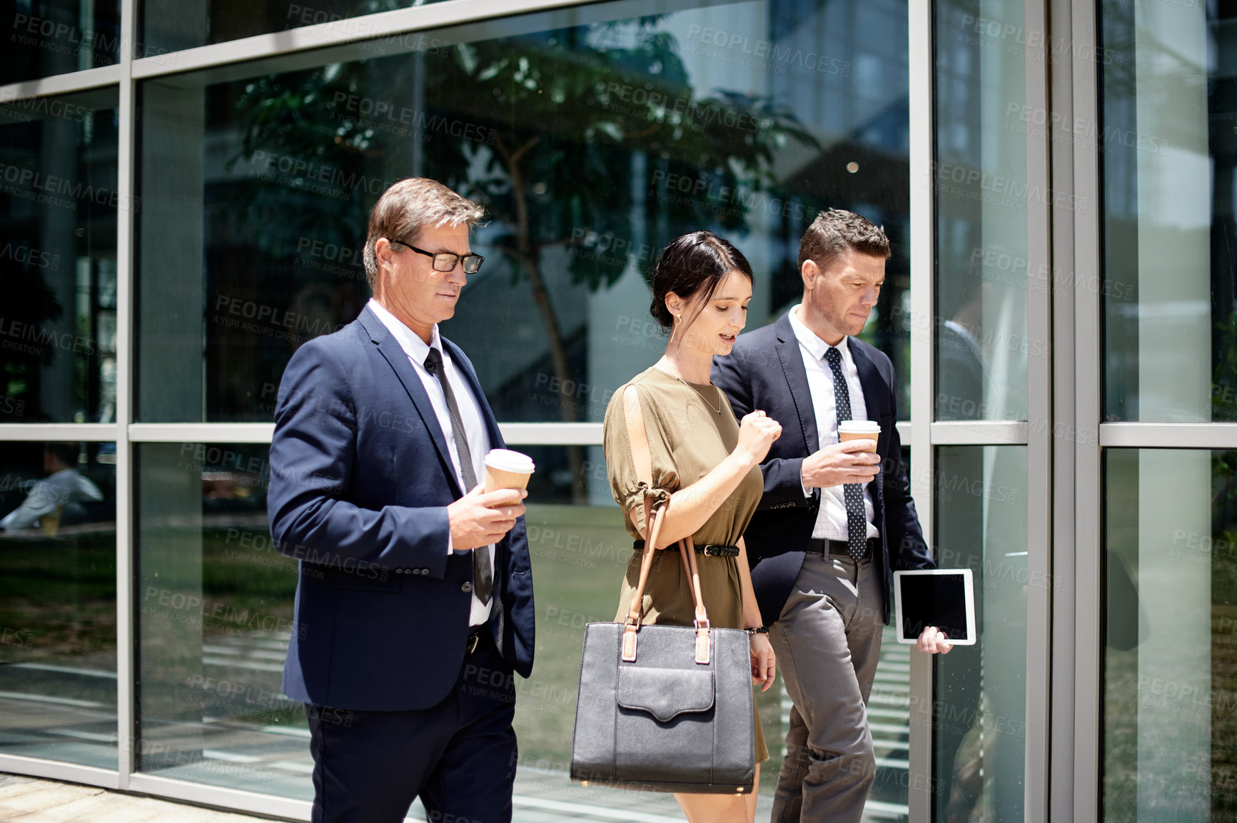 Buy stock photo Walking, coffee and team with business people in city for labor advocate, downtown and morning commute. Travel, attorney partnership and drink with employees outdoor for court case discussion