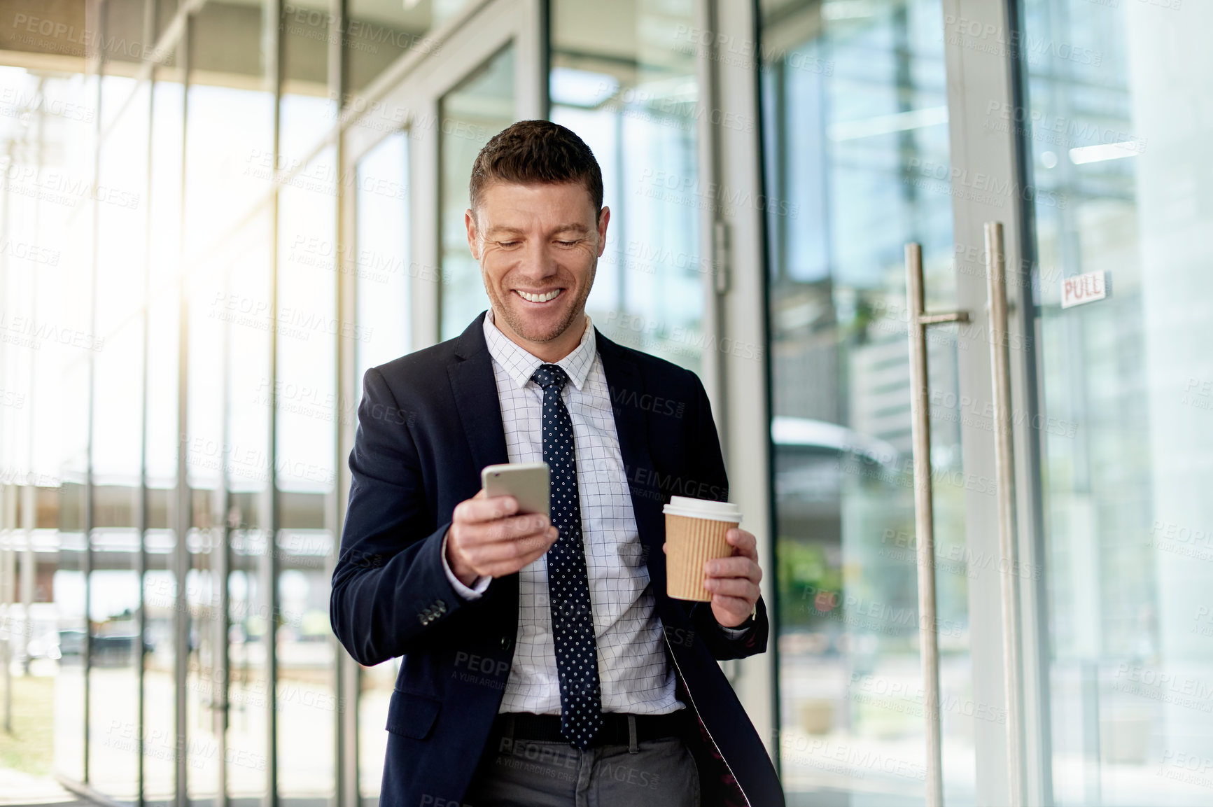 Buy stock photo Coffee, phone and search with business man in city for morning commute, contact and meeting agenda. Travel schedule, drink and networking with mature person outdoor for text message and notification