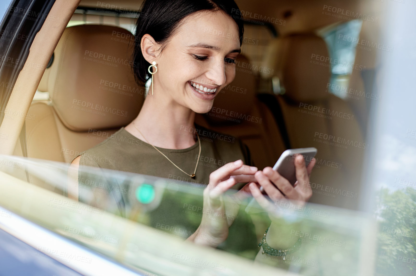 Buy stock photo Scroll, smile and woman in car with phone, online communication and daily commute to workplace. Happy, digital and consultant in vehicle with mobile, email and message update on urban travel.