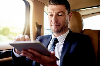 Buy stock photo Tablet, travel and business man in car for chauffeur service, contact or vip passenger. Concierge fleet, event schedule or security transport with mature person in vehicle for conference arrival time